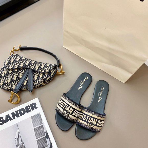 Shoes - DWAY SLIDE Black Embroidered Cotton Slide Slippers